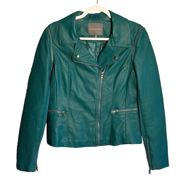 Kate & Mallory Sz M Green Faux Leather Moto Jacket Zip-Off Sleeve biker gorpcore - Picture 1 of 13